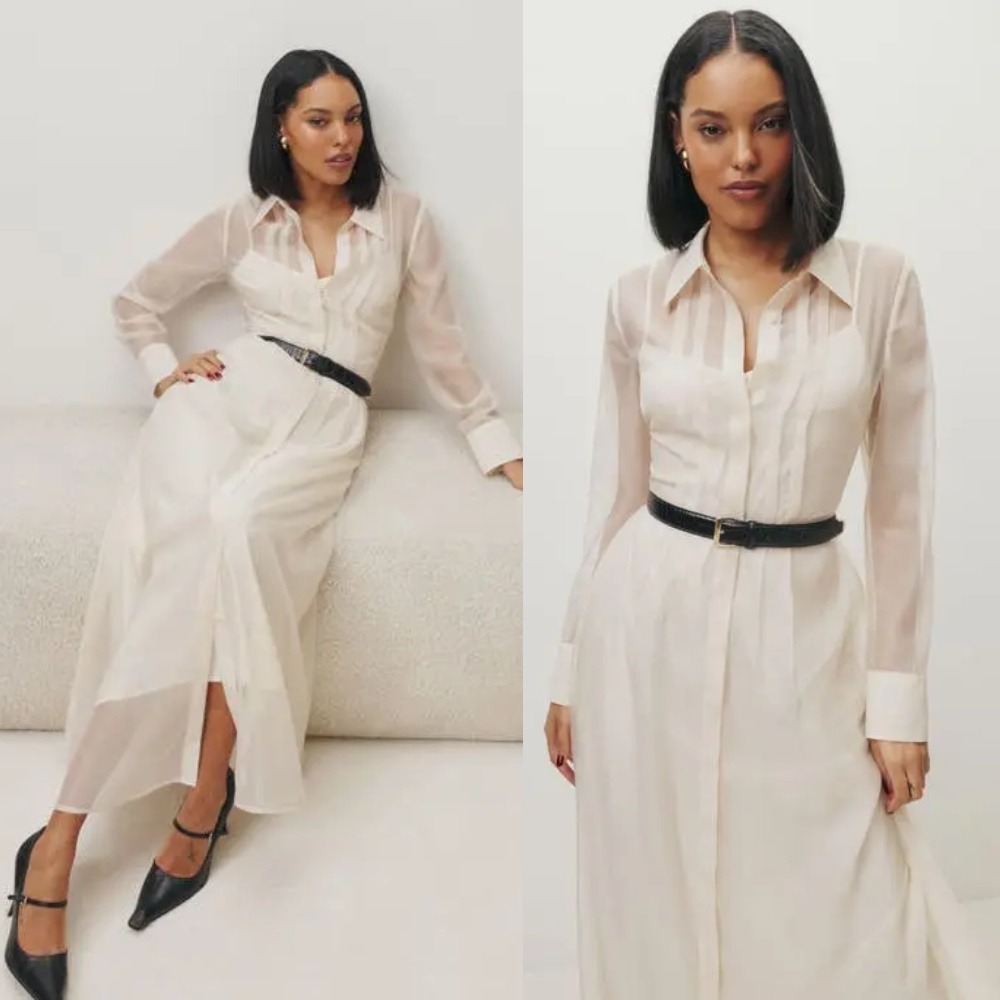 NWT Reformation Andria Dress 10 Long Sleeve Maxi Shirtdress Ivory Sheer Organza